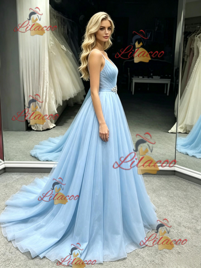 Blue Tulle Spaghetti Straps Prom Dress