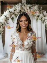 White Chiffon Appliques Long Sleeve Wedding Dress