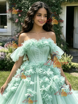 Grene Tulle Off the Shoulder 3D Flower Quinceanera Dress