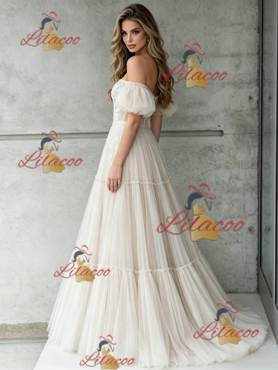 Ivory Tulle Lace Off the Shoulder Wedding Dress