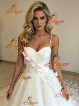 White Tulle Spaghetti Straps Butterfly Wedding Dress