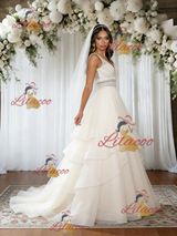 Beige White Tulle V-neck Wedding Dress