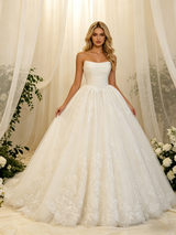 White Tulle Lace Strapless Pleats Wedding Dress