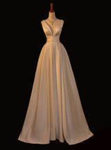 Simple White Satin V-neck Pleats Wedding Dress