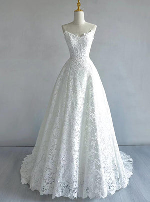 A-Line White Lace Strapless Wedding Dress