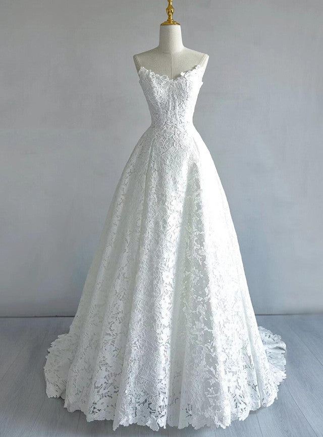 A-Line White Lace Strapless Wedding Dress