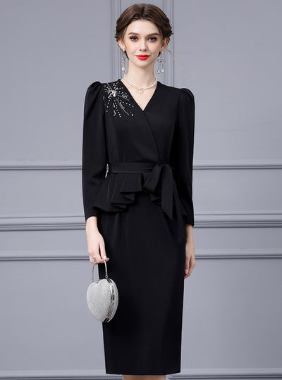 Black V-neck Long Sleeve Mother Of The Bride Dress