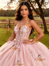 Pink Tulle Straplss Appliques Quinceanera Dress