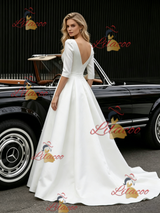 White Satin V-neck Short Sleeve Wedding Dress