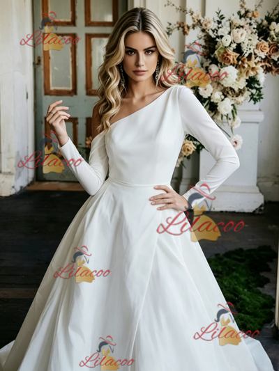 White One Shoulder Long Sleeve Wedding Dress