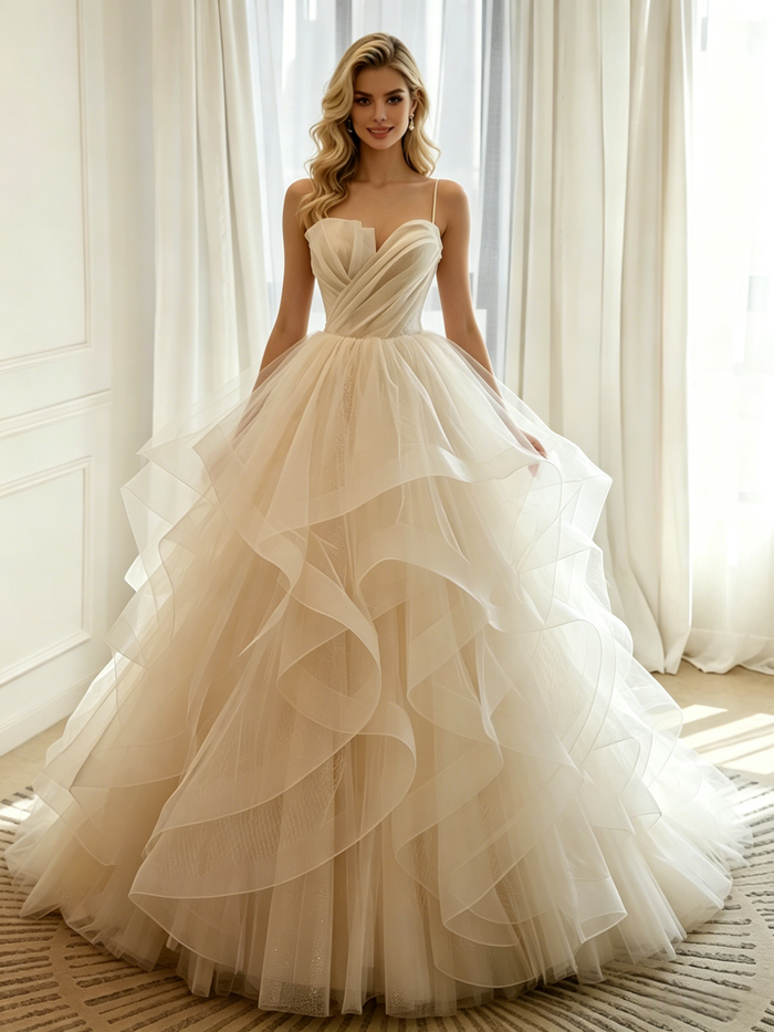 Ivory Tulle Spaghetti Straps Wedding Dress