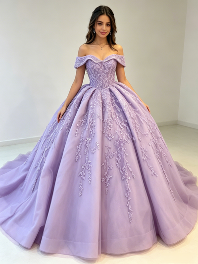 Purple Ball Gown Off the Shoulder Appliques Quinceanera Dress