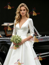White Satin V-neck Short Sleeve Wedding Dress