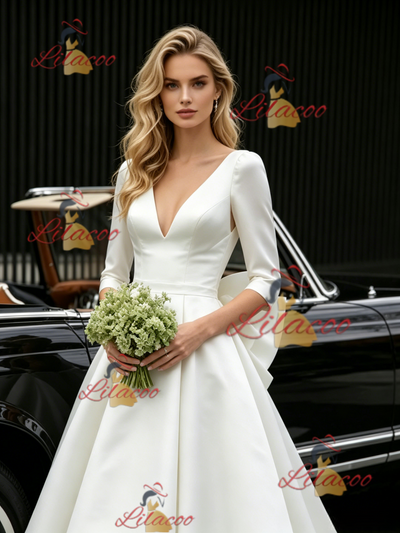 White Satin V-neck Short Sleeve Wedding Dress