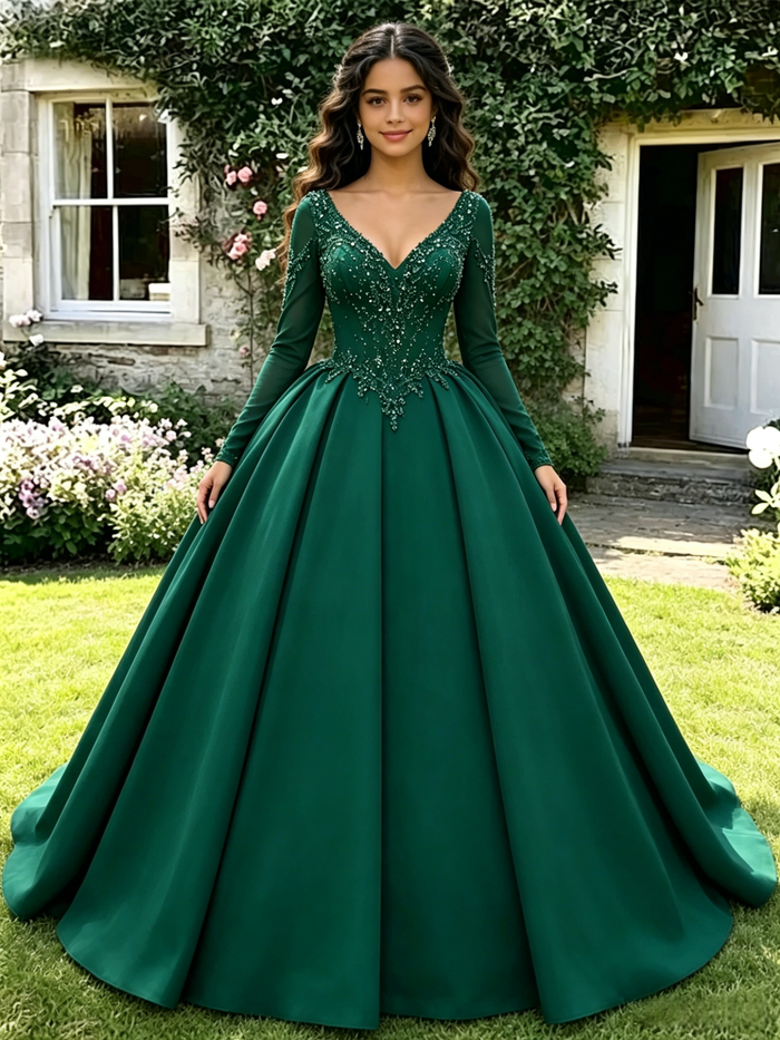Green V-neck Long Sleeve Beading Quinceanera Dress