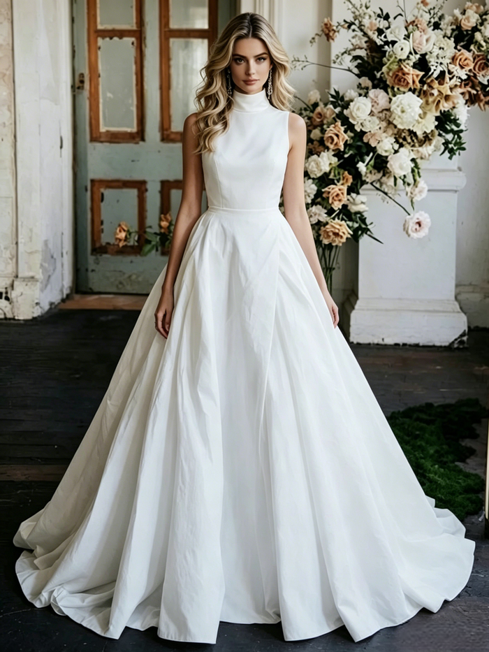 White Satin High Neck Wedding Dress