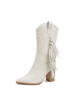 Pointed Embroidered Tassels White Boots
