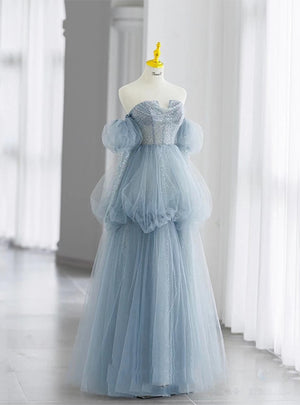 Blue Tulle Sequins Long Sleeve Prom Dress