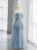 Blue Tulle Sequins Long Sleeve Prom Dress