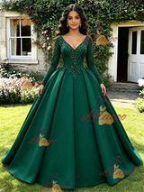 Green V-neck Long Sleeve Beading Quinceanera Dress