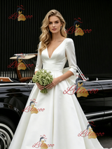 White Satin V-neck Short Sleeve Wedding Dress