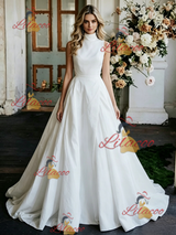 White Satin High Neck Wedding Dress