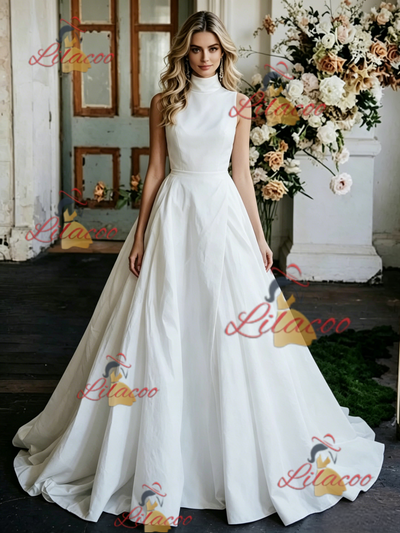 White Satin High Neck Wedding Dress