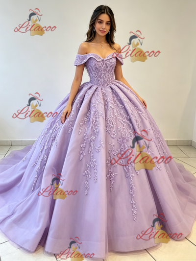 Purple Ball Gown Off the Shoulder Appliques Quinceanera Dress