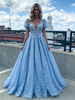 Blue Lace Puff Sleeve Prom Dress