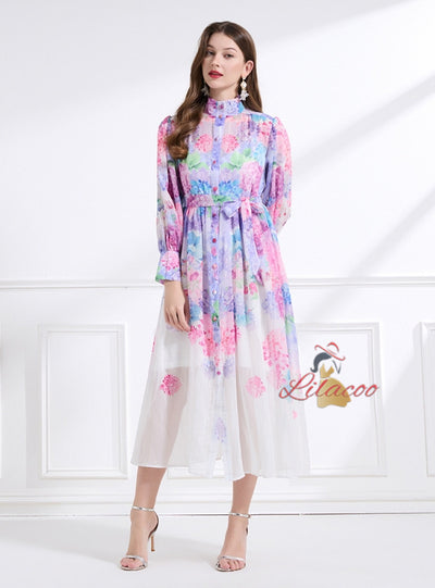 Printed Chiffon Long Sleeves Dress