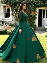 Green V-neck Long Sleeve Beading Quinceanera Dress