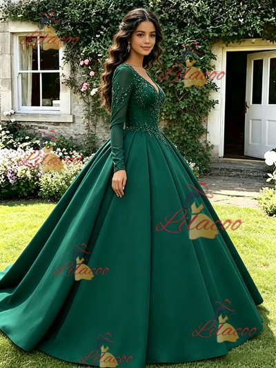 Green V-neck Long Sleeve Beading Quinceanera Dress