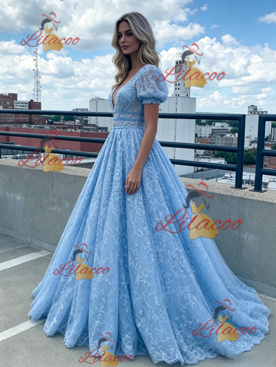 Blue Lace Puff Sleeve Prom Dress