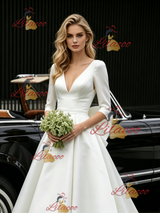 White Satin V-neck Short Sleeve Wedding Dress