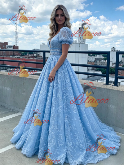 Blue Lace Puff Sleeve Prom Dress