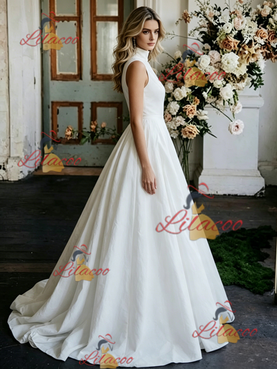 White Satin High Neck Wedding Dress