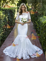White Mermaid Lace Short Sleeve Wedidng Dress