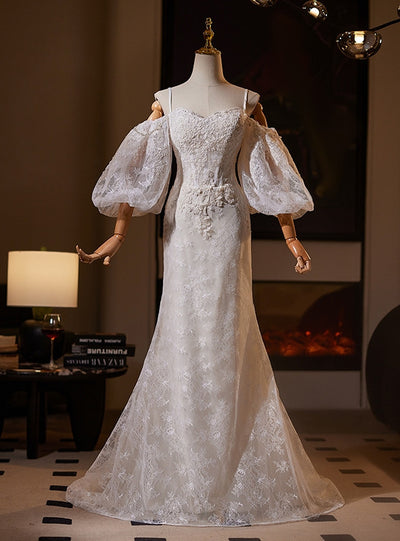 White Mermaid Lace Puff Sleeve Wedding Dress