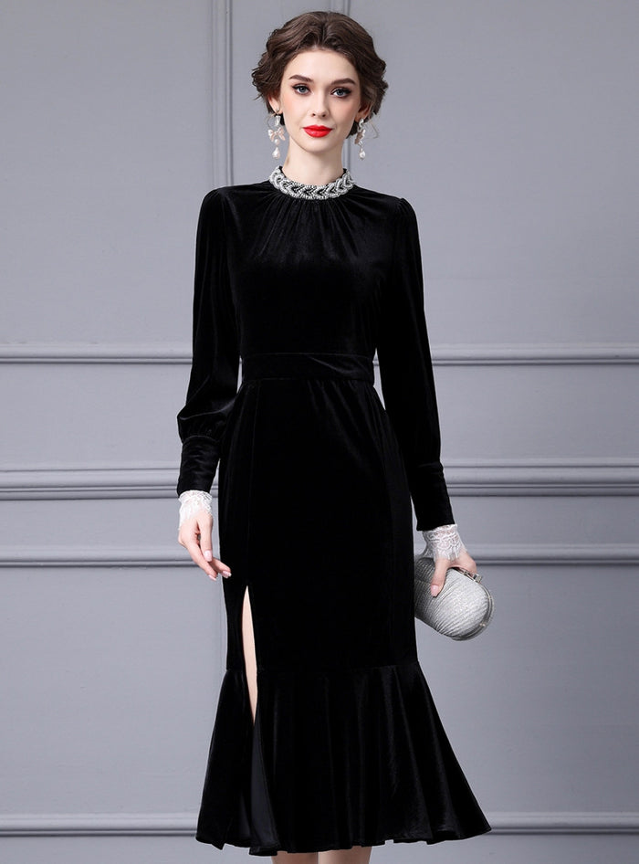 Black Velvet Beading Mother Of The Bride Dress