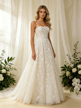 White Tulle Appliques Spaghetti Straps Wedding Dress
