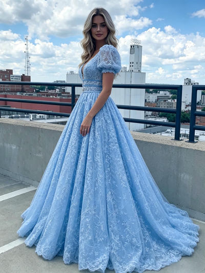 Blue Lace Puff Sleeve Prom Dress