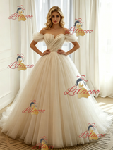 Ivory Tulle Off the Shoulder Pleats Wedding Dress