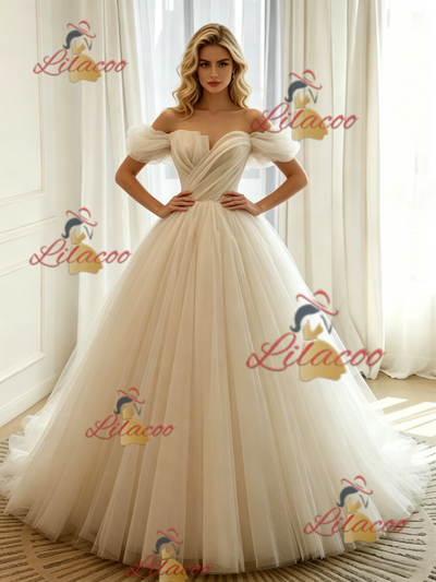 Ivory Tulle Off the Shoulder Pleats Wedding Dress