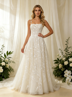 White Tulle Appliques Spaghetti Straps Wedding Dress