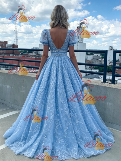 Blue Lace Puff Sleeve Prom Dress