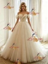 Ivory Tulle Off the Shoulder Pleats Wedding Dress