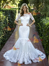 White Mermaid Lace Short Sleeve Wedidng Dress