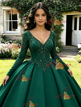 Green V-neck Long Sleeve Beading Quinceanera Dress