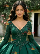 Green V-neck Long Sleeve Beading Quinceanera Dress
