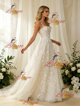 White Tulle Appliques Spaghetti Straps Wedding Dress